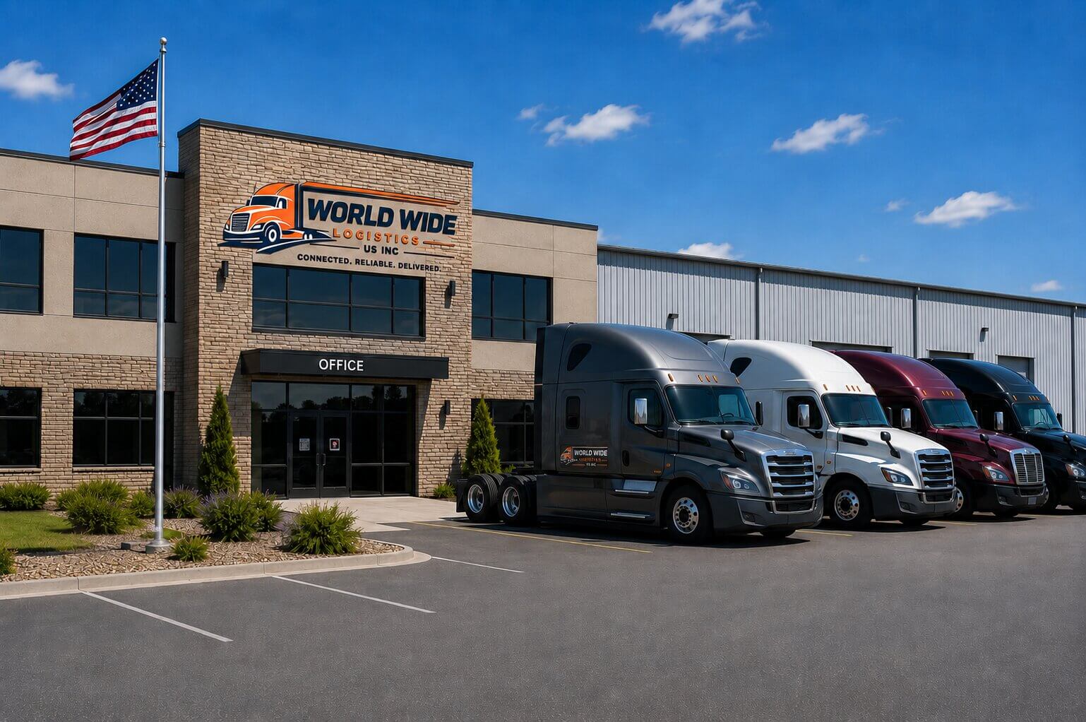 Modern logistics office with trucks